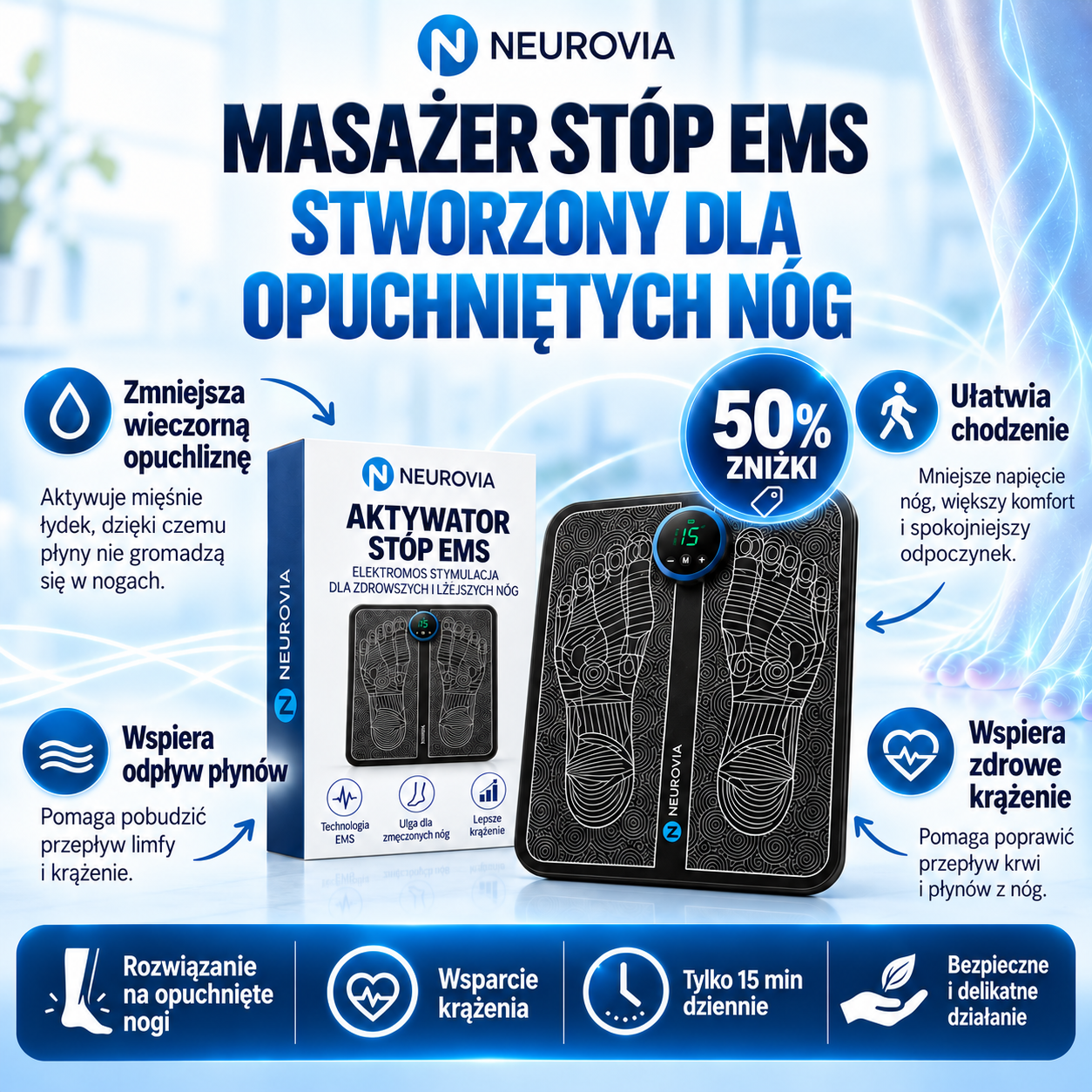 Neurovia™ Terapia EMS na opuchnięte, ciężkie lub osłabione nogi – do użytku domowego.